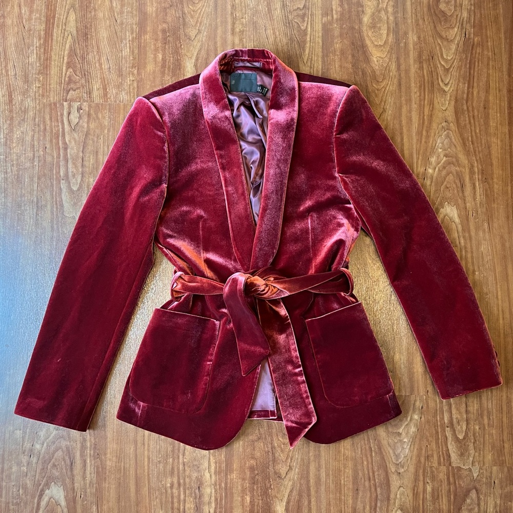 ASOS DESIGN skinny velvet smoking jacket in burgundy Red 36 Reg Tie Waist Pocket